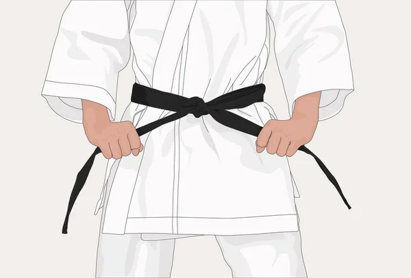 カラテカは彼の黒いベルトを握っています 勇気とスポーツのコンセプト ベクトル漫画単離キャラクター — ストックベクタ