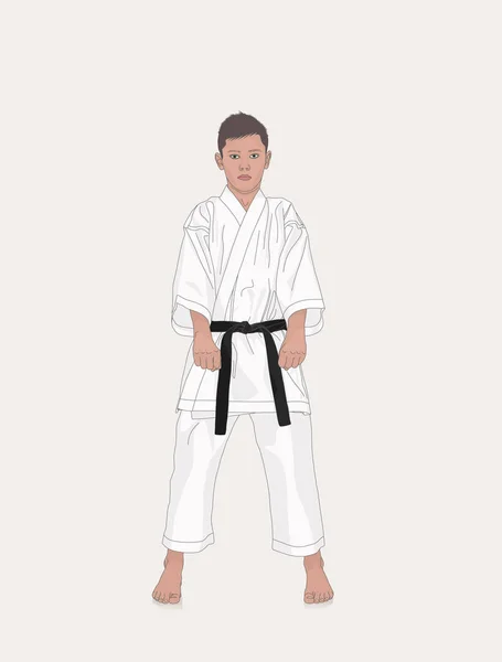 Karate Boy Usando Kimono Entrenamiento Karate Concepto Coraje Deporte Caricatura — Vector de stock