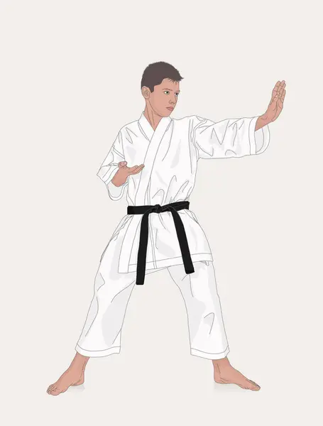 Ragazzo Kimono Allenamento Karate Coraggio Concetto Sport Cartone Animato Vettoriale — Vettoriale Stock