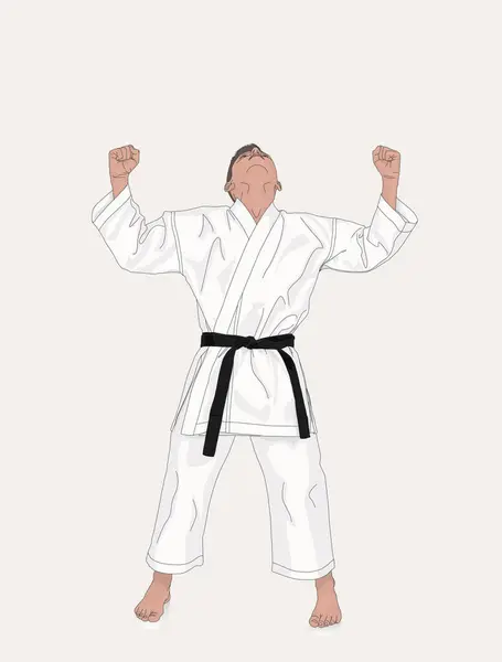 Ung Karateka Höjer Sina Händer Upp Tecken Seger Mod Och — Stock vektor