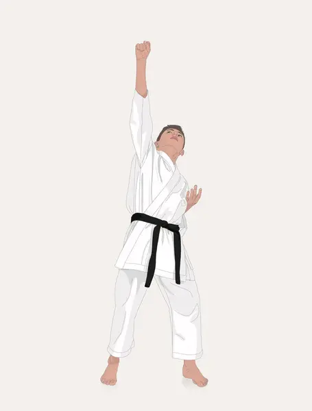 Ung Karateka Reiste Hånden Opp Symboliserte Seier Konkurransen Mot Sportskonsept – stockvektor