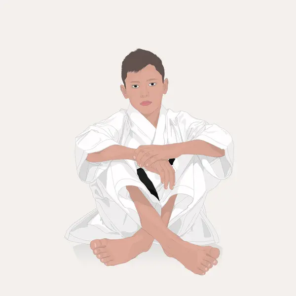 Ung Karateka Sittandes Golvet Sport Mod Koncept Vektor Illustration Design — Stock vektor