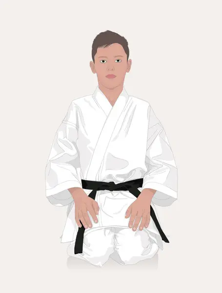Ung Karateka Sitter Golvet Knä Och Förbereder Sig För Att — Stock vektor