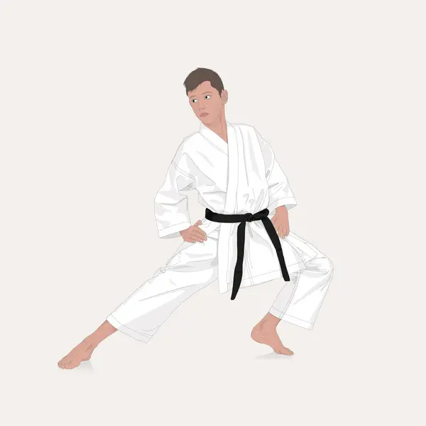 Karateka Giovane Kimono Una Cintura Nera Scaldano Prima Una Competizione — Vettoriale Stock