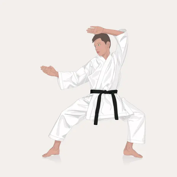 Karateka Kimono Med Svart Bälte Gör Övningar Sport Mod Koncept — Stock vektor