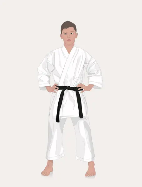 Karateka Kimono Con Cintura Nera Concetto Coraggio Sportivo Progettazione Illustrazione — Vettoriale Stock
