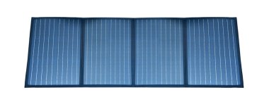 Mavi dikdörtgen bölümleri olan büyük taşınabilir güneş paneli, gerçekçi stili, beyaz arka planda izole edilmiş, yenilenebilir enerji kavramı