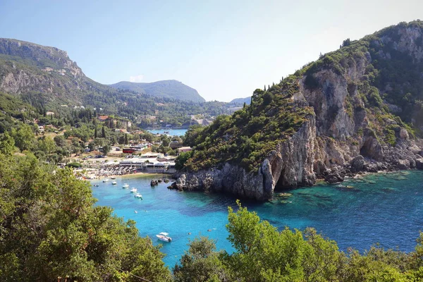 stock image View of the amazing bay with beautiful crystal clear water and cliffs in Paleokastritsa, Corfu, Greece.