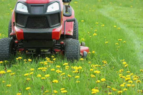 Gardening Concept Background Gardener Cutting Long Grass Tractor Lawn Mower — Stock Photo, Image