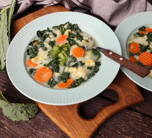 Healthy Vegetable Soup Kale View Table Scene Dark Wood Background —  Fotos de Stock