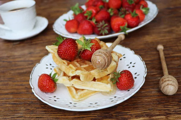 Belgian Waffles Fresh Berries Strawberry Honey Cappuccino Coffee Breakfast — Stock Photo, Image