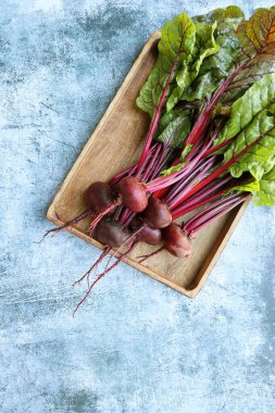 Pancar, pancar sürüsü mavi arka planda tahta kutuda. Yapraklı taze pancar kökü. Üst görünüm veya düz uzanma