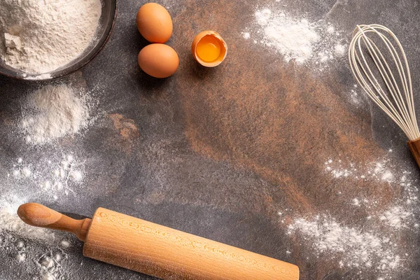 Preparation Dough Cooking Top View Board Rolling Pin Flour — Stock Photo, Image