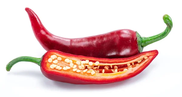 Čerstvé Červené Chilli Papričky Průřez Chilli Papriček Semeny Izolované Bílém — Stock fotografie