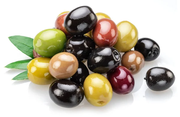 stock image Kalamata, green and black olives isolated on white background.