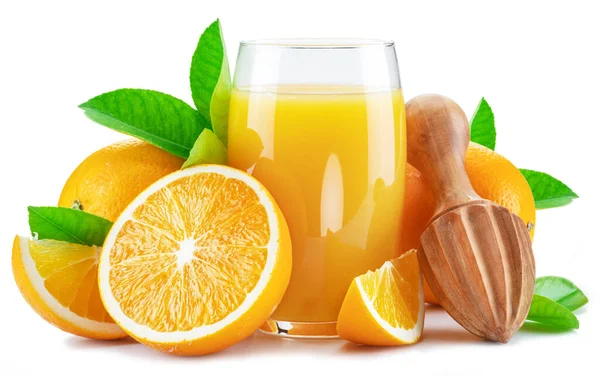 Glas Vers Sinaasappelsap Sinaasappelfruit Geïsoleerd Witte Achtergrond — Stockfoto
