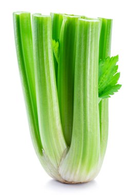Beyaz arkaplanda izole edilmiş taze kereviz sapı.