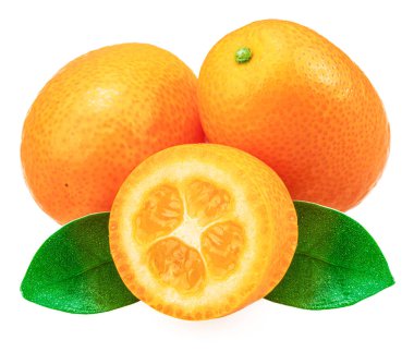 Kumkuat meyvesi ve kumkatın çapraz kesimi beyaz arkaplanda yapraklarla izole edilmiş..