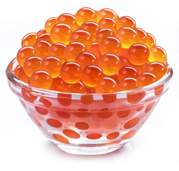 Caviar Vermelho Ovas Salmão Tigela Vidro Isolado Fundo Branco — Fotografia de Stock