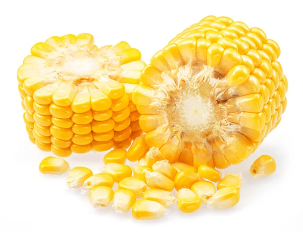 Kukoricacsutka Vagy Kukoricacsutka Fehér Alapon Izolált Kukoricamag Darabjai — Stock Fotó