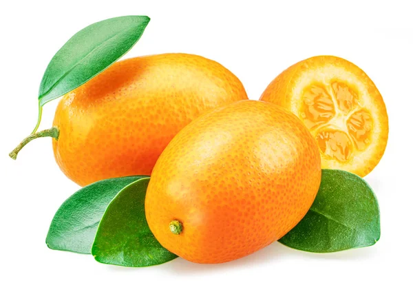 Fruta Kumquat Corte Transversal Kumquat Com Folhas Isoladas Sobre Fundo — Fotografia de Stock