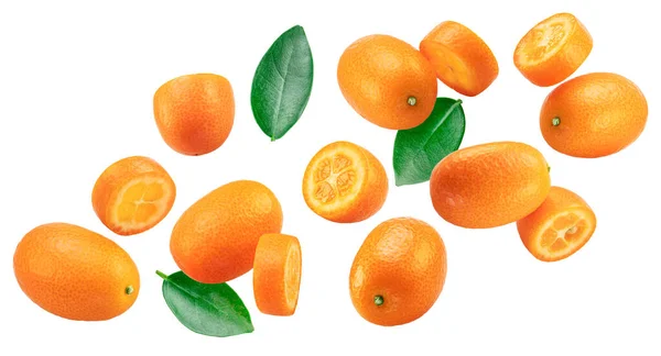 Kumquat Fruit Cross Cuts Kumquat Flying Air White Background File — Stock Photo, Image