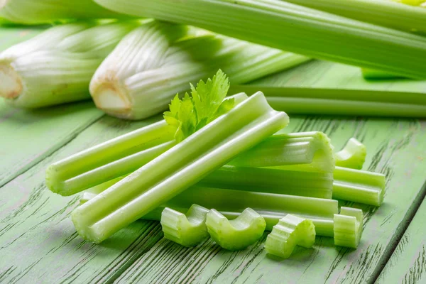 Pile Celery Ribs Green Wooden Table Healthy Food Background Royalty Free Stock Images