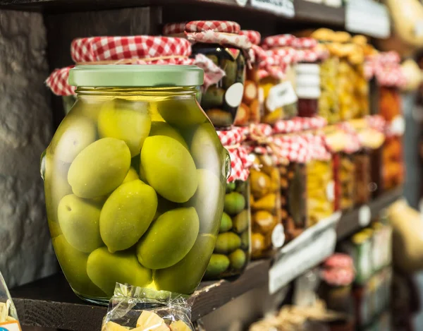 Homemade Canning Olive Berries Whole Green Olives Glass Can Shelves — Stock Photo, Image