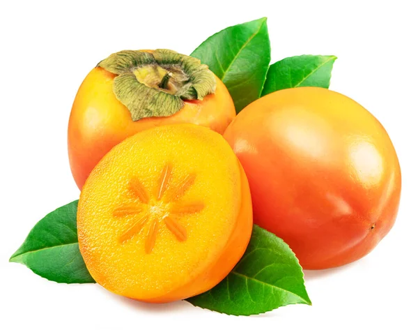 Frutti Cachi Arancioni Maturi Kaki Con Foglie Taglio Incrociato Frutta — Foto Stock