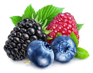 Blackberry, raspberry and blueberries with green leaves. Filet contains clipping path.
