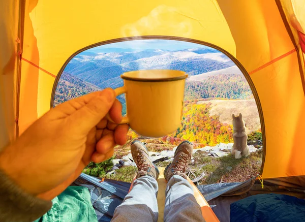 Hot Drink Hand Wonderful View Colorful Autumn Mountain Tops Open — Stockfoto