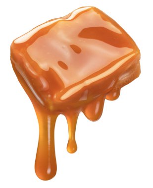 Caramel candy and drops of milk caramel sauce flowing down from it. File contains clipping path.