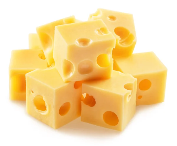 Pyramid Emmental Cheese Cubes Isolated White Background File Contains Clipping — Zdjęcie stockowe
