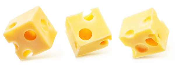 Три Кубика Сыра Эмменталь Изолированы Белом Фоне Обрезной Путь — стоковое фото