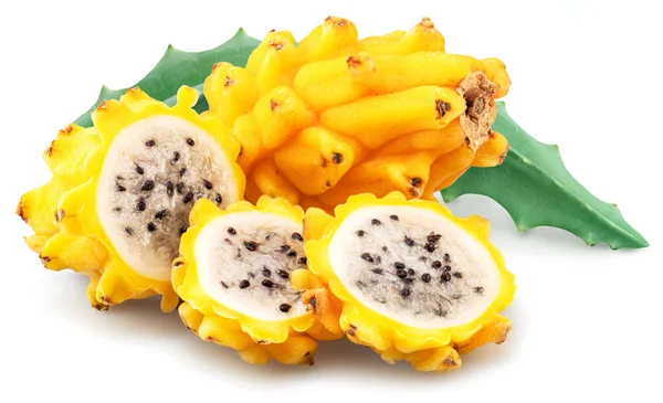 Yellow dragon fruit and dragon fruit slices and leaves isolated on white background.