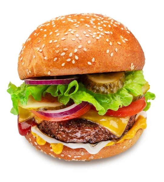 Appetizing Cheeseburger Hamburger Close White Background Clipping Path — Stock fotografie