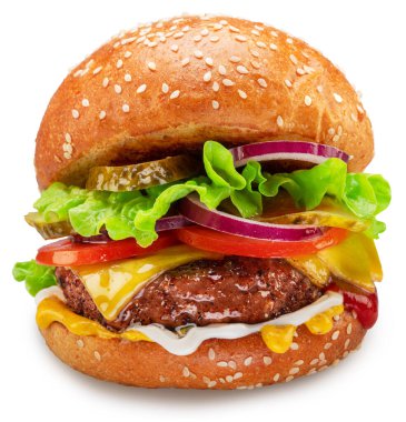 Appetizing cheeseburger or hamburger close up on white background.  Clipping path.