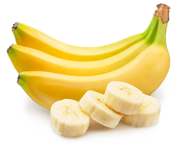 Bananas Amarelas Maduras Cortes Banana Descascada Isolados Sobre Fundo Branco — Fotografia de Stock