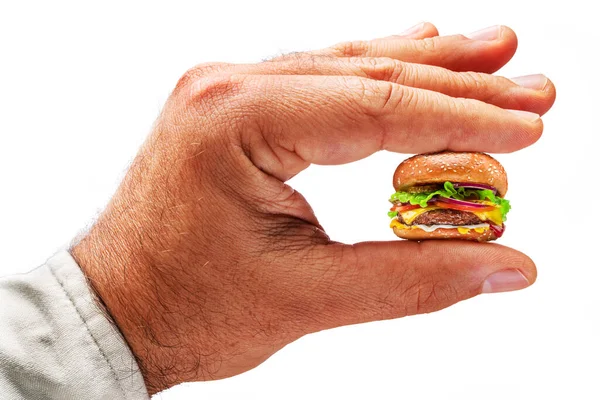 Dieta Concetto Piccolo Cheeseburger Mano Maschile Isolato Sfondo Bianco — Foto Stock