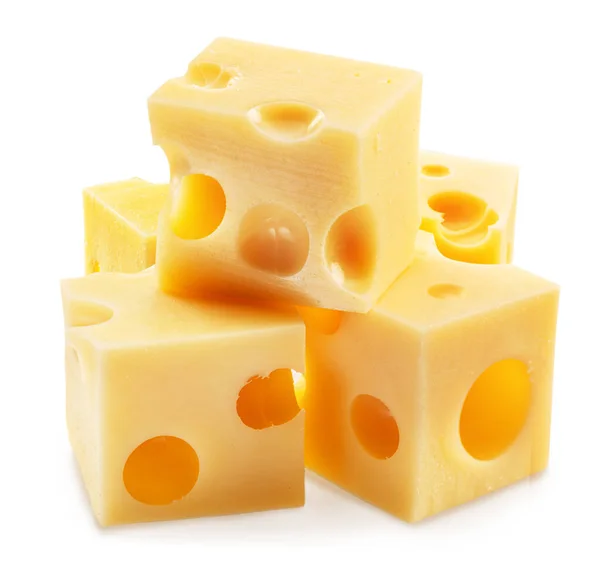 Pyramid Emmental Cheese Cubes Isolated White Background File Contains Clipping — Zdjęcie stockowe