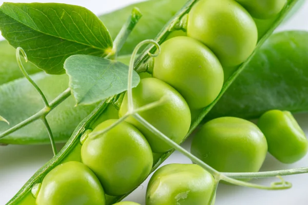 白い背景に隔離されたポッドに完璧な緑のエンドウ豆 — ストック写真