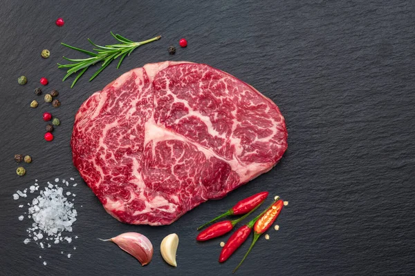 Raw Ribeye Steak Stone Black Serving Plate Flat Lay — Stock Fotó