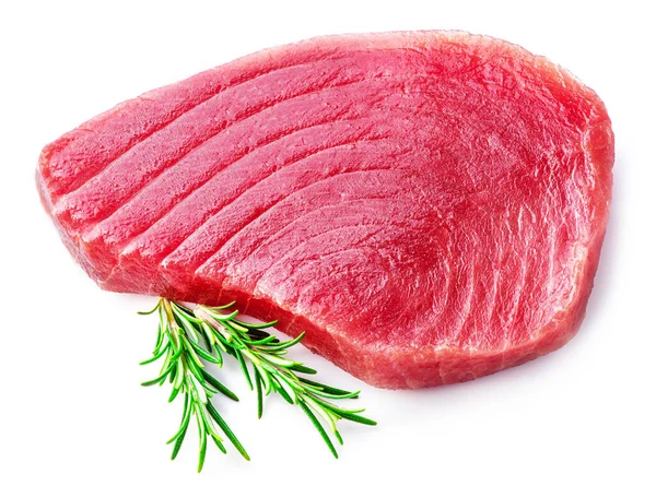 Fresh Tuna Steak Nad Rosemary Twig Isolated White Background — Stock Photo, Image