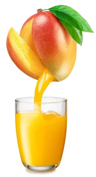 Szkło Sok Mango Świeży Sok Wlewający Się Owoców Mango Szklanki — Zdjęcie stockowe