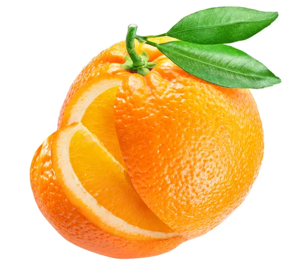 Orangenfrucht Mit Grünem Blatt Und Orangenscheibe Isoliert Auf Weißem Hintergrund — Stockfoto