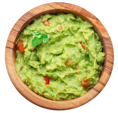 Beyaz arka planda guacamole kasesi. Üst Manzara. Dosya kırpma yolu içeriyor.