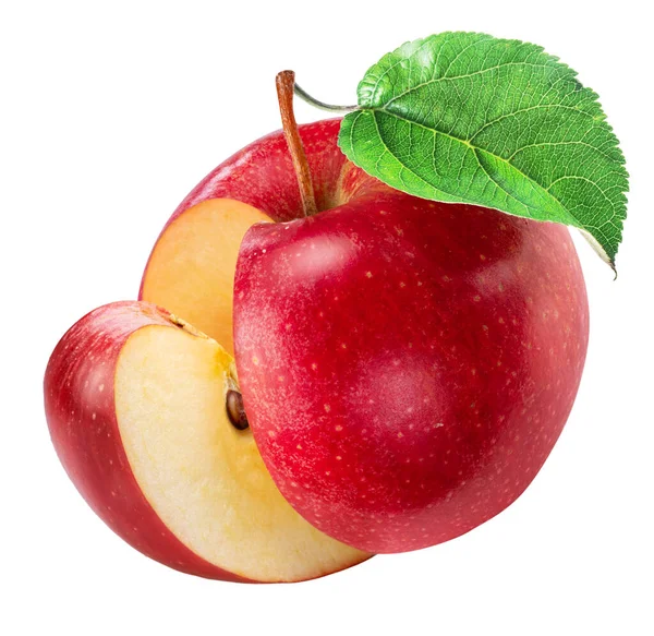 Czerwone Jabłko Plasterkiem Jabłka Zielony Liść Izolowane Białym Tle Ścieżka — Zdjęcie stockowe
