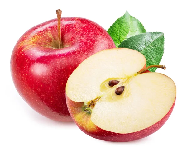 Ωριμότητα Κόκκινο Μήλο Φέτα Μήλου Πράσινα Φύλλα Απομονώνονται Λευκό Φόντο — Φωτογραφία Αρχείου