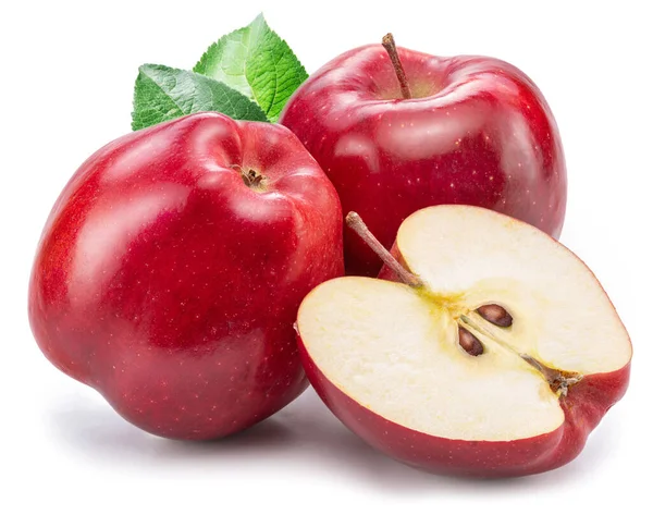 Reife Rote Äpfel Und Apfelscheibe Isoliert Auf Weißem Hintergrund — Stockfoto