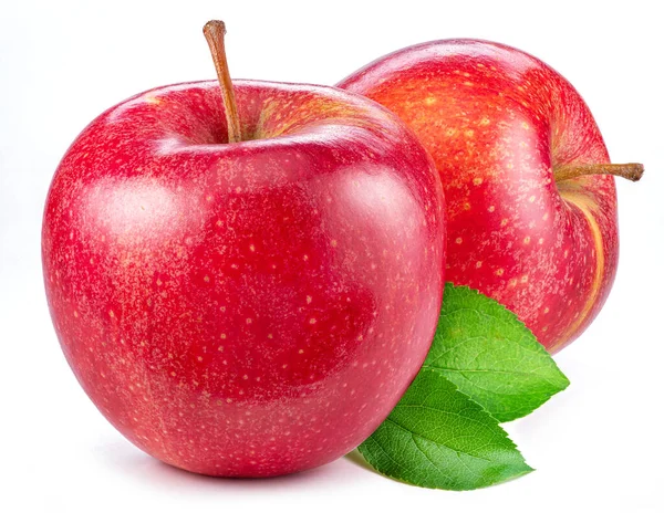 Rijp Perfecte Rode Appels Met Bladeren Geïsoleerd Witte Achtergrond — Stockfoto